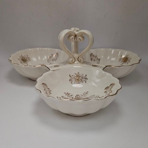 Vintage Japan Porcelain 3 Section Serving Dish Gold Floral Trim Handle - Picture 2 of 5